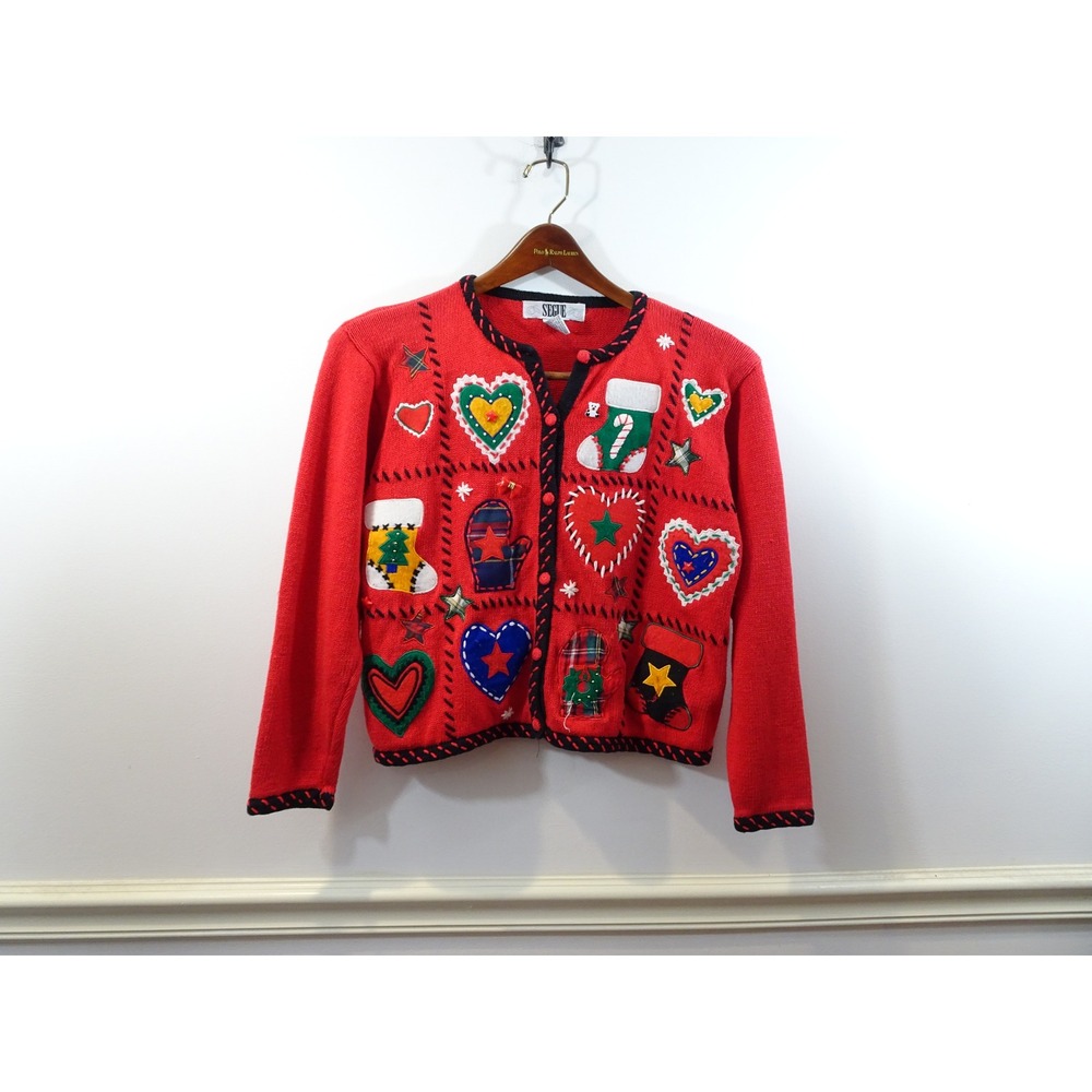 Vintage Segue Christmas Cardigan Sweater Red Holiday Patchwork Ramie Cotton Med